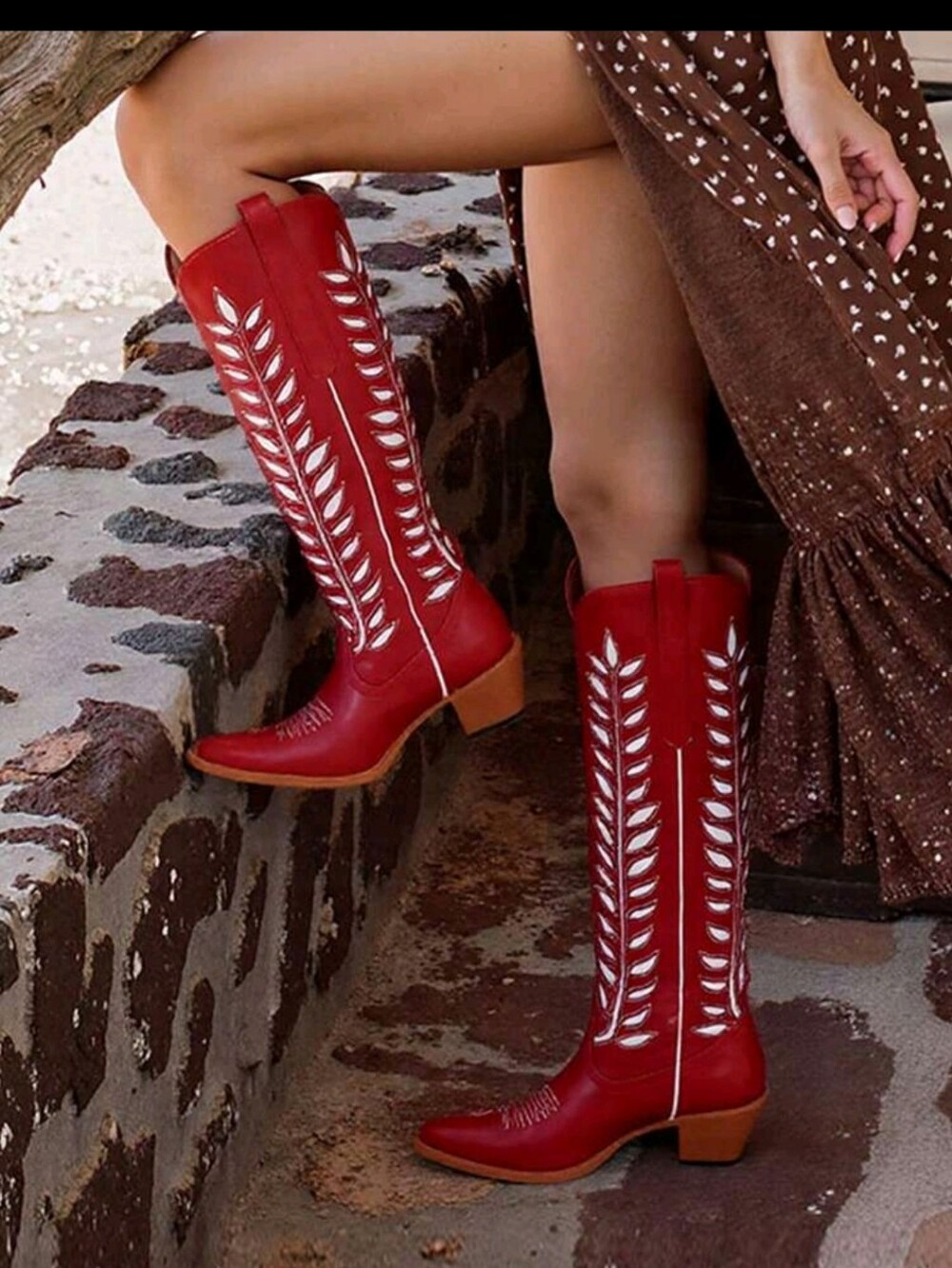 Red Women's Western Knee-High Boots with White Stitching